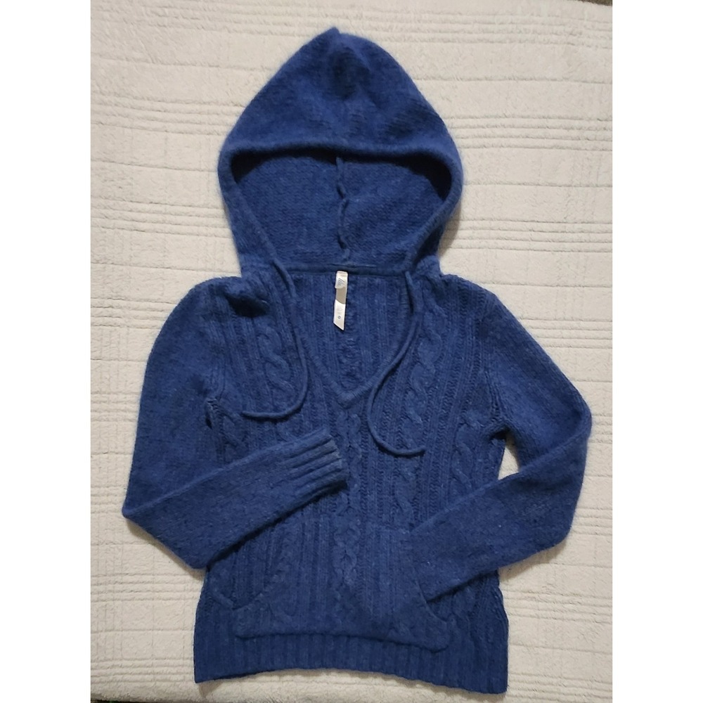 Lilu Angora Wool Blend Blue Hooded‎ Sweater M Chunky Cable Knit Crop